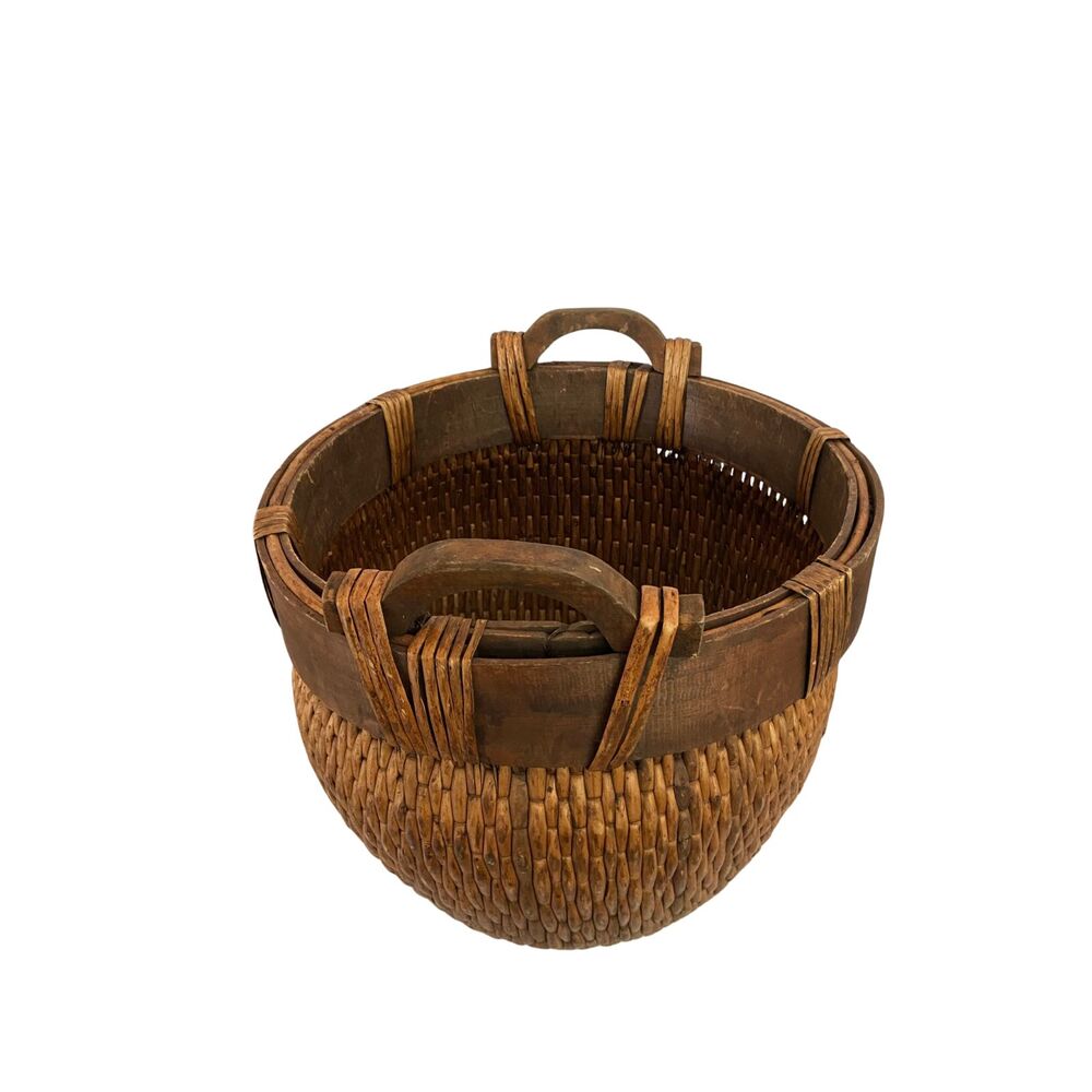 Chinese Woven Willow Rice Basket w/ 2 Wood Hand Carved Handles 19th Century - Picture 5 of 11